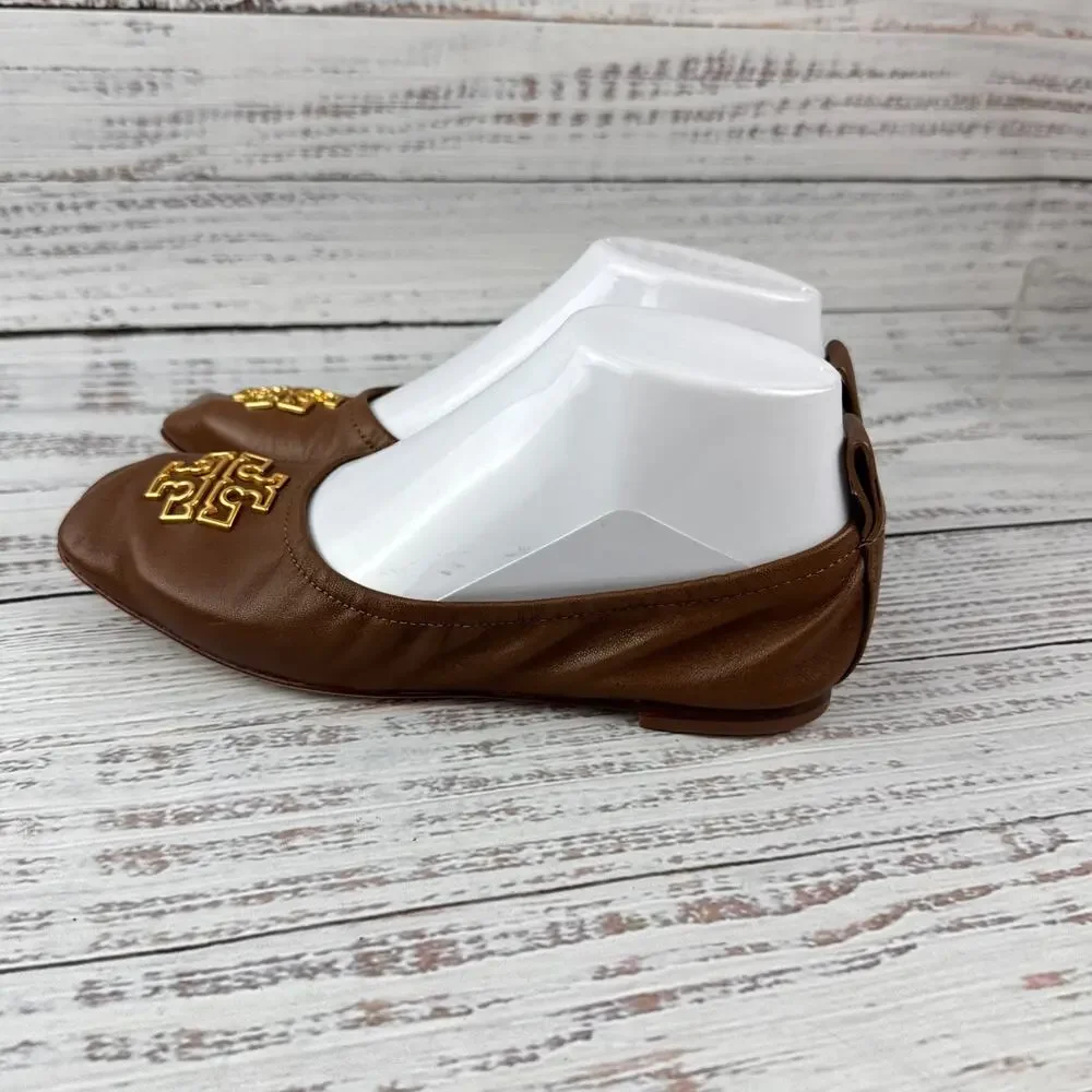 Tory Burch Britten Womens US 5M Ballet Flats Brown Leather Gold Logo